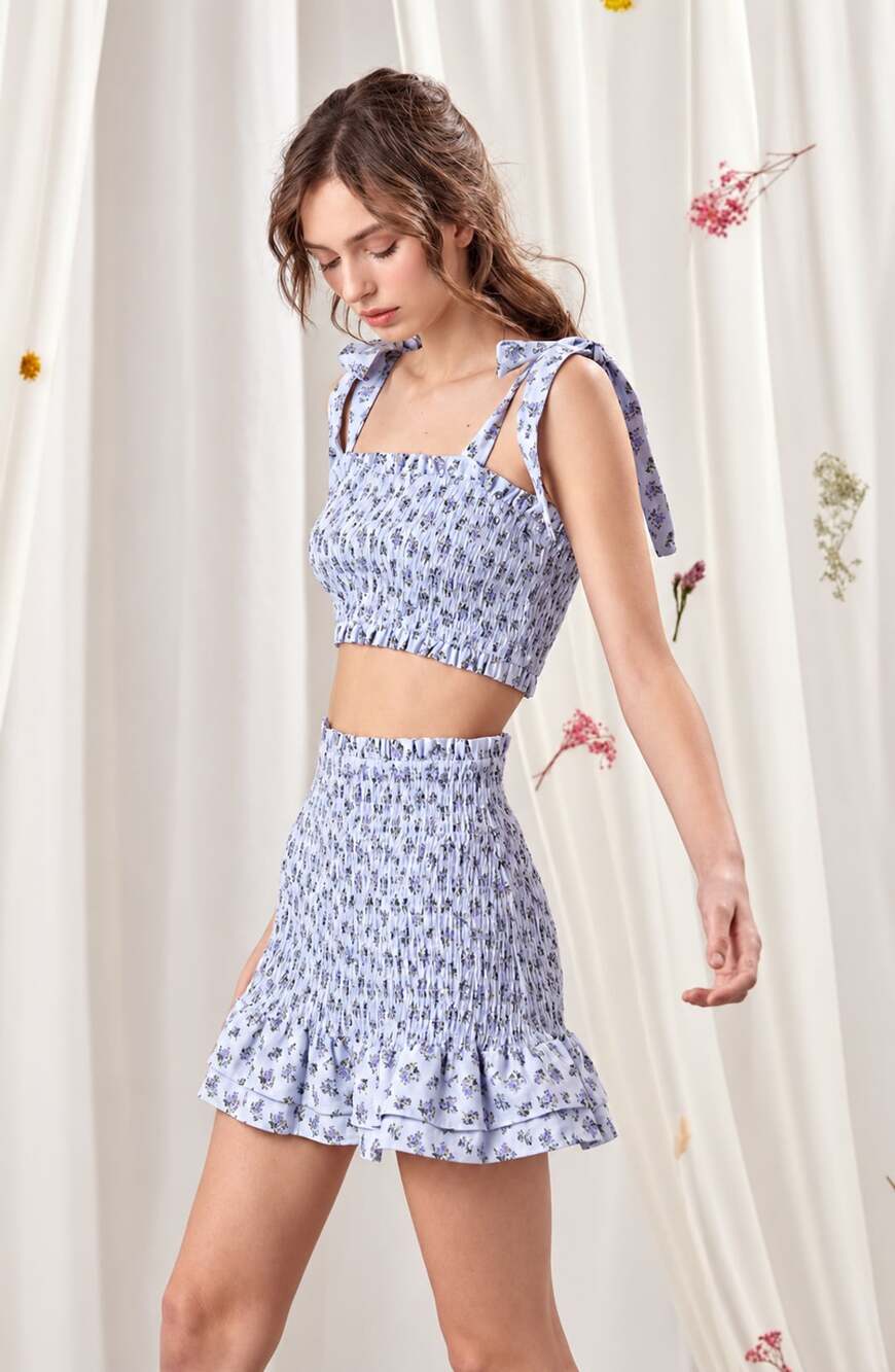 Storia Blue Floral Smocked Crop Top and Skirt Set Size S